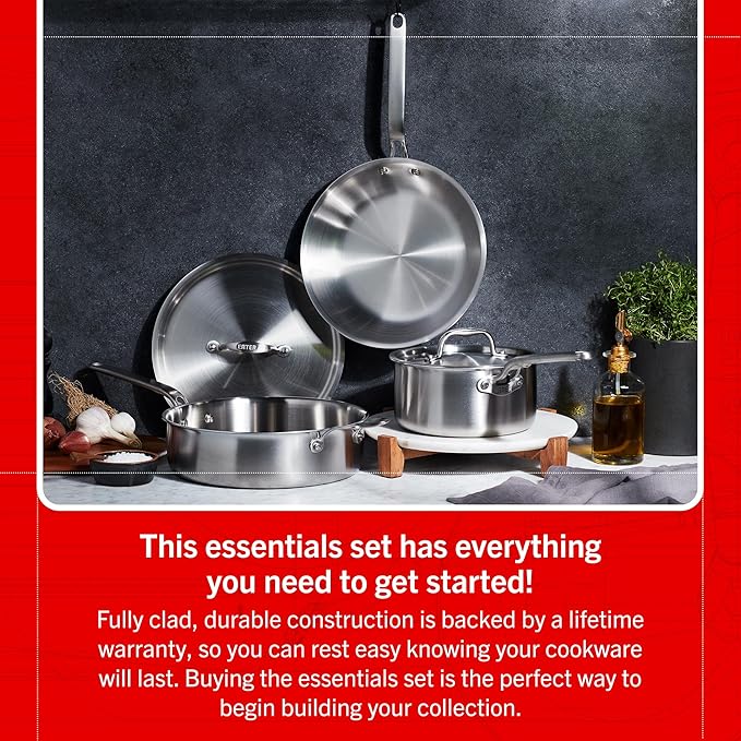 Heritage Steel Eater Series 5 Piece Essentials Set | Made in USA | 5 Ply Fully Clad Stainless Steel Cookware Set | Stay Cool Handle | Induction Ready & Non-Toxic