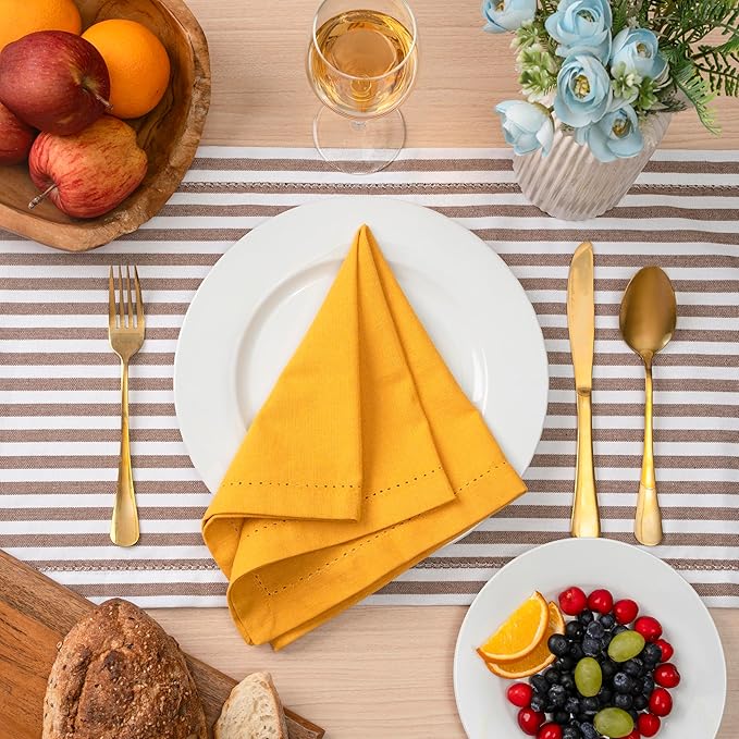 Blue Needles Set of 12 Hemstitch Linen Napkins 100% Cotton Golden Yellow Cloth Dinner Napkins 18x18 inches, Soft Reusable Absorbent Washable, Ideal for Fall Thanksgiving Events, Parties & Everyday Use