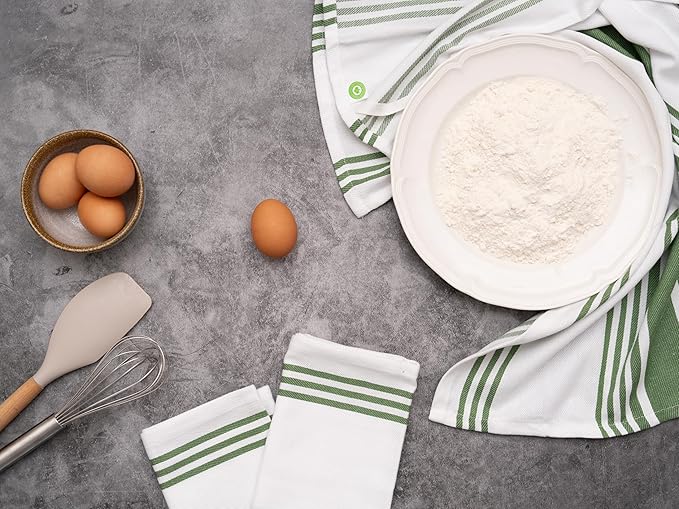 Olive Green Stripes Kitchen Towels - 6 Pack, 30"x20", 100% Cotton Olive Green Dish Towels with Hanging Loop - Lint-Free, Absorbent, Reusable, Washable, Large Size and Durable Dish Rags