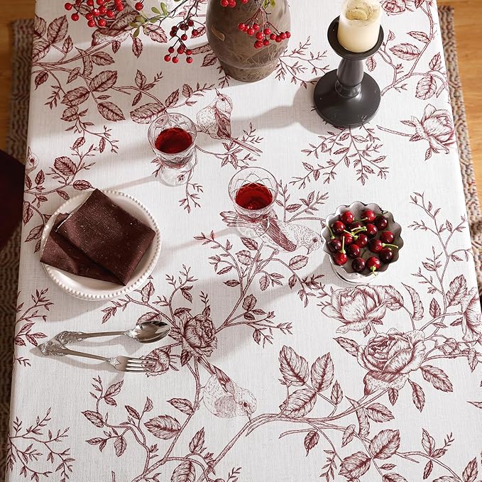 Vintage Rectangle Tablecloth, Linen Table Cloth with Dark Red Floral Leaves and Birds Pattern, Heavy Durable Table Cover for Dining Kitchen Decor Party Christmas, 55" * 79"