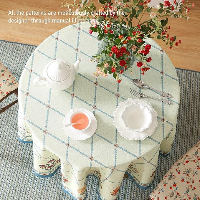 French Tablecloth for Round Tables,Linen Table Cloth with Colorful Flowers and Leaves Pattern,Heavy Durable Soft Table Cover for Dining Kitchen Decor Party Christmas,Diameter 67"