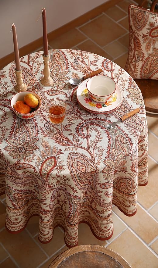 Design Linen Tablecloth for Round Tables,Paisley Style Table Cloth with Cashew Pattern,Heavy Durable Table Cover for Dining Thanksgiving Kitchen Decor Party Christmas,Diameter 67"