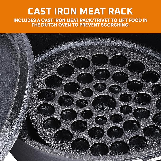 Bruntmor 5 Qt Camp Dutch Ovens Set - Black: Experience high-performance cooking with this versatile and durable 3-piece set, including a pot, lid, and 9" meat rack/trivet. - 13 x 13 inch
