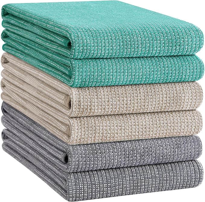 Homaxy Premium Kitchen Towels(18”x 28”, 6 Pack), Large Cotton Kitchen Hand Towels, Flat and Terry Dish Towels, 380 GSM Highly Absorbent Tea Towel Set with Hanging Loop, Grey/Green/Khaki
