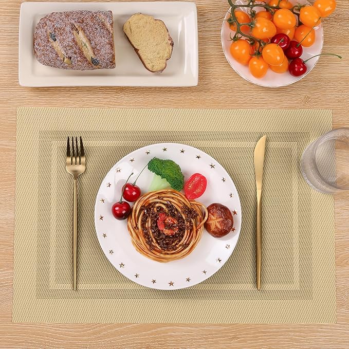 SHACOS Woven Plastic Placemats Set of 4 Wipe Clean Heat Resistant Place Mats for Dining Table PVC Weave Table Mats Indoor Outdoor (4, Frame Beige)