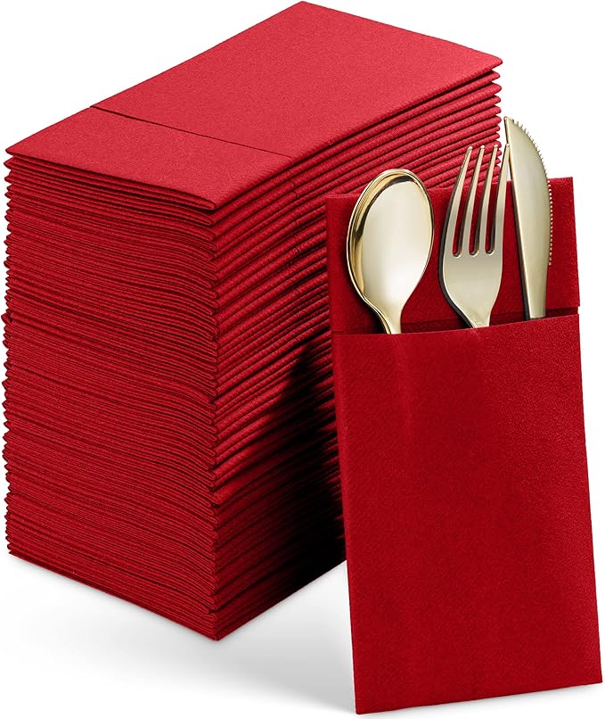 50-Pack Disposable Linen-Feel Dinner Napkins With Built-in Flatware Pocket, RED Prefolded Cloth Like Paper Napkins For Christmas, Wedding, Dinner Or Party