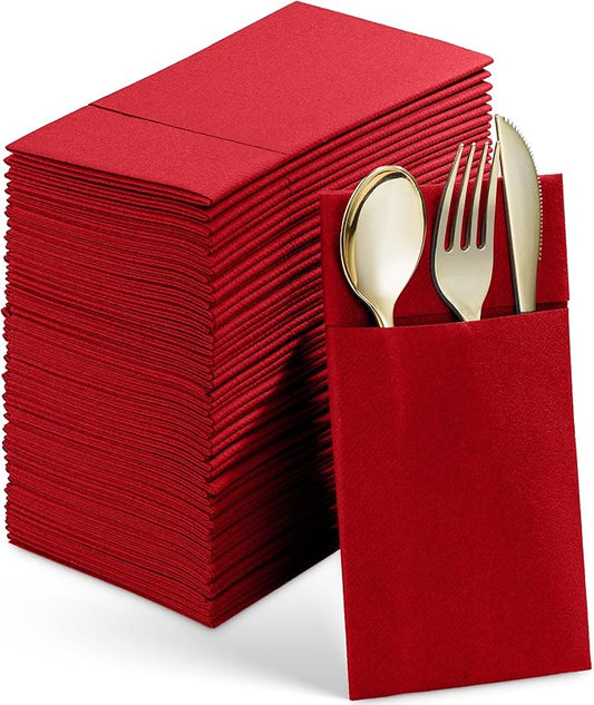 50-Pack Disposable Linen-Feel Dinner Napkins With Built-in Flatware Pocket, RED Prefolded Cloth Like Paper Napkins For Christmas, Wedding, Dinner Or Party