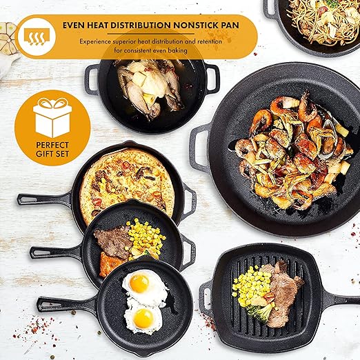 Bruntmor 8 Piece Cast Iron Cookware Set - Pre-Seasoned Pots and Pans Set with Cast Iron Skillets, Grill Pan, Dutch Oven, Pizza Pan, and Scrubber - Heavy Duty Cooking for Home Kitchen or Camping