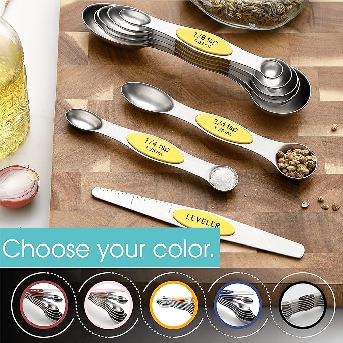 Spring Chef Yellow Stainless Steel Magnetic Measuring Spoons Set of 8 with Leveler, Dual Sided Metal Teaspoon & Tablespoon Measuring Spoons, Kitchen Gadgets for Baking & Cooking, Fits in Spice Jars