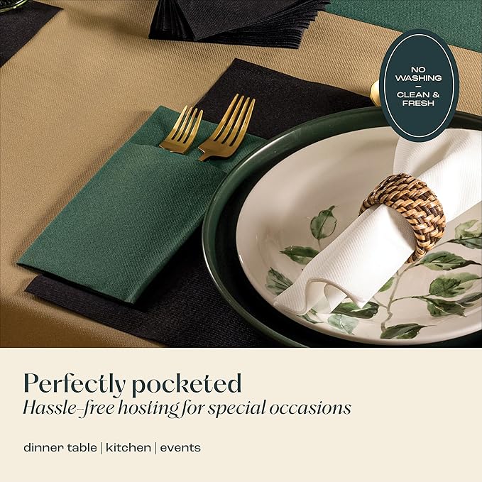 50-Pack Disposable Linen-Feel Dinner Napkins With Built-in Flatware Pocket, WOOD Prefolded Cloth Like Paper Napkins For Wedding, Dinner Or Party