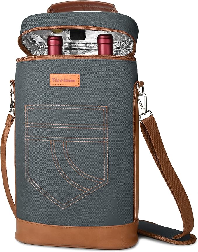 Tirrinia 2 Bottle Wine Gift Tote Carrier - Insulated & Padded Versatile Cooler Bag for Travel, BYOB Restaurant, Wine Tasting, Party, Great Gift for Wine Lover, Gray