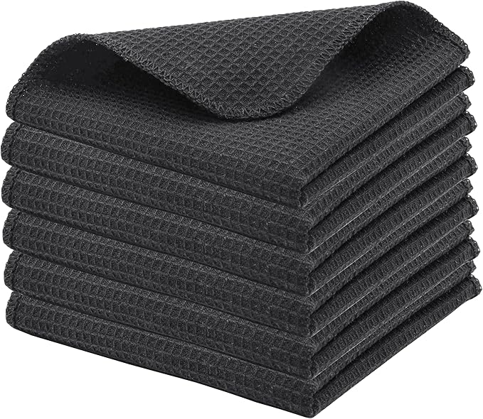 PurpleEssences Dish Cloths and Dish Rags - 6 Pack Waffle Weave Solid Kitchen Dish Wash Cloths, 100% Cotton, 12 x 12 Inches, Ultra Soft Absorbent Quick Drying - Christmas Holiday Winter - Dark Grey