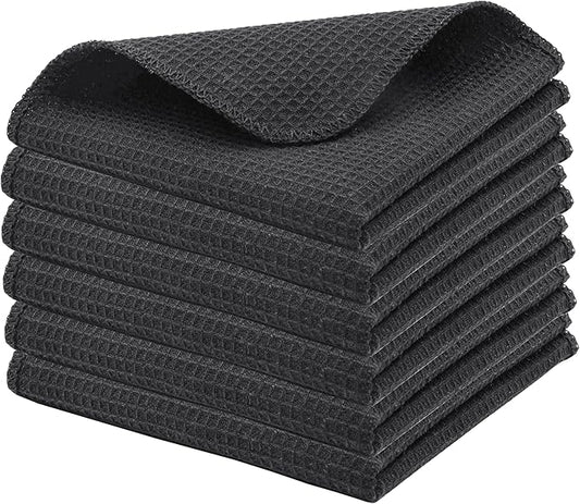 PurpleEssences Dish Cloths and Dish Rags - 6 Pack Waffle Weave Solid Kitchen Dish Wash Cloths, 100% Cotton, 12 x 12 Inches, Ultra Soft Absorbent Quick Drying - Christmas Holiday Winter - Dark Grey