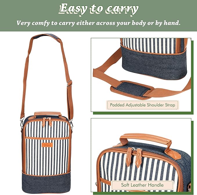 Tirrinia Insulated 2 Bottle Wine Gift Tote Bag - Tumbler Glass Cooler Carrier for BYOB Restaurants, Tasting, Travel, Park, Beach - Great Wine Lover Gift, Denim Stripe