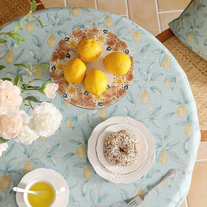 patdrea Designer Green Tablecloth for Round Tables,Vintage Linen with Yellow Fruits Pattern Tablecloths,Cottage Rustic Table Cover Cloth Decor for Kitchen Dining Christmas,Diameter 55"