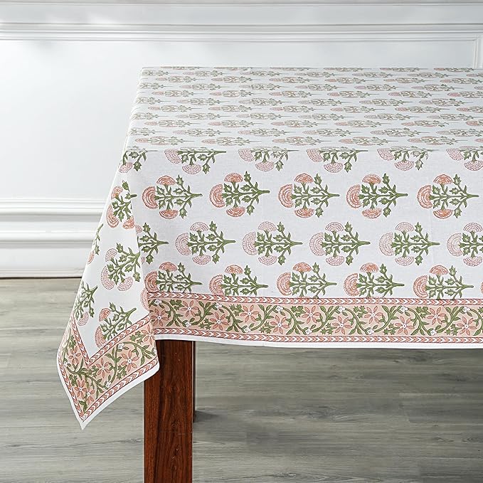 Ridhi Mughal Buta Peach Hand Block Print Cotton Rectangle Tablecloth 108 x 70 inch-Reusable Table Cover Decorative Everyday Use for Dining Room, Farmhouse, Thanksgiving, Christmas Wedding, Fall