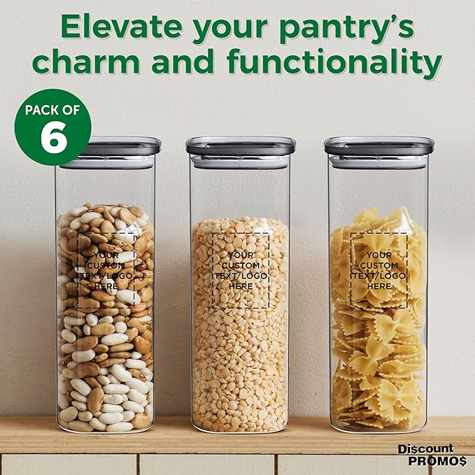 DISCOUNT PROMOS Custom Meridian 71 oz. Glass Storage Jars Set of 6, Personalized Bulk Pack - Durable Kitchen Organization, Home Decor Essentials, Food Storage Solutions - Clear