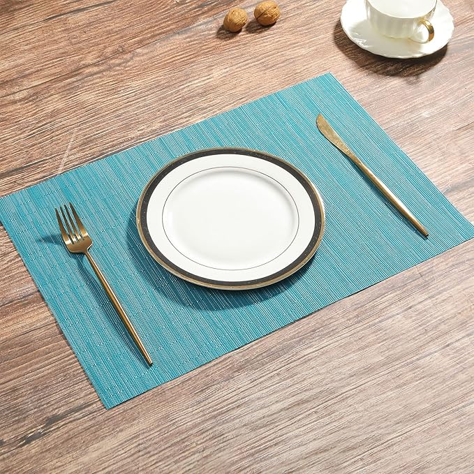 SHACOS Woven Vinyl Placemats Set of 4 Wipe Clean PVC Heat Resistant Place Mats Durable Waterproof Stain Resistant Indoor Outdoor Table Mats (4, Teal Blue)