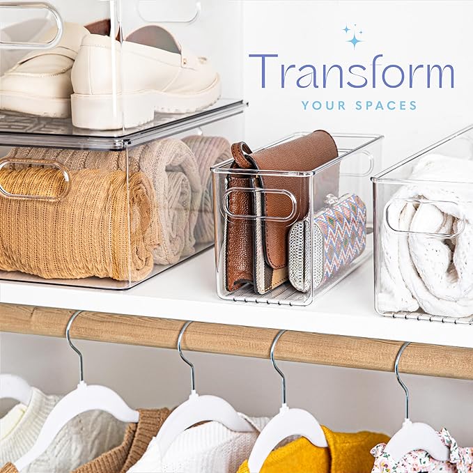 6 pack Clear Plastic Storage Container Bin with Integrated Easy Grip Handles. For Kitchen, Fridge, Freezer, Cabinet, Pantry, Bathroom Organization. 10"x4"x5"