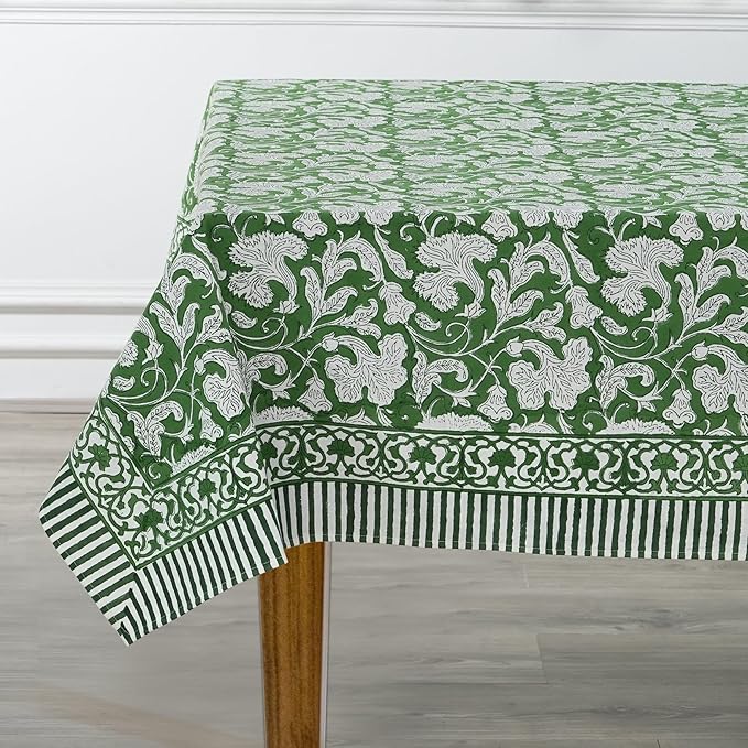 Ridhi Pantone Artichoke Hand Block Print Cotton Rectangle Tablecloth 190 x 72 inch-Reusable Table Cover Decorative Everyday Use for Dining Room, Farmhouse, Thanksgiving, Christmas Wedding, Fall
