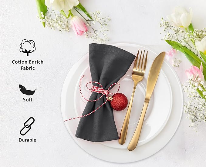 Ruvanti Cloth Napkins Set of 12, 18x18 Inches Napkins Cloth Washable, Soft, Durable, Absorbent, Cotton Blend. Table Dinner Napkins Cloth for Hotel, Lunch, Restaurant, Weddings, Parties - Dark Grey