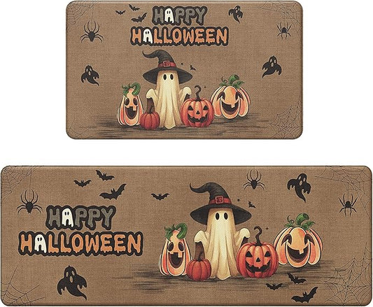GENIMO Halloween Decorations - Kitchen Mats for Floor, 2PCS Kitchen Rugs, Cushioned Anti Fatigue Mat for Home Decor, Waterproof Non-Slip Comfort Standing Mat for Laundry, 17.3"x47"+17.3"x30", Brown