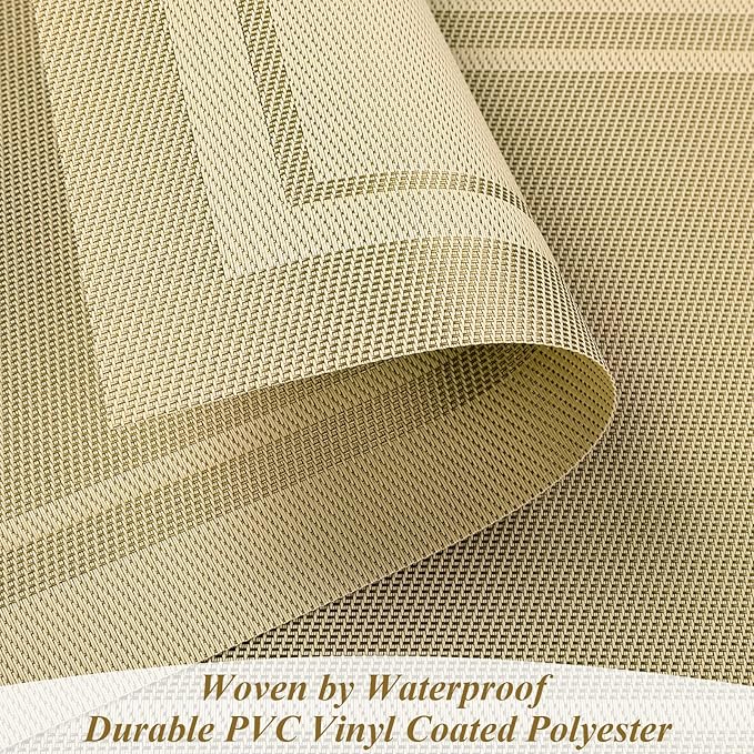 SHACOS Woven Vinyl Placemats Set of 6 Wipe Clean Place Mats for Dining Table Heat Resistant PVC Weave Table Mats Indoor Outdoor (6, Frame Beige)