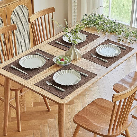 Softalker Faux Linen Placemats Set of 12-12 x 18 Inch, Heat Resistant Double Layered Durable Burlap Farmhouse Place Mats, Non-Slip Washable Rustic Table Mats for Dining, Kitchen, Party（Dark Brown