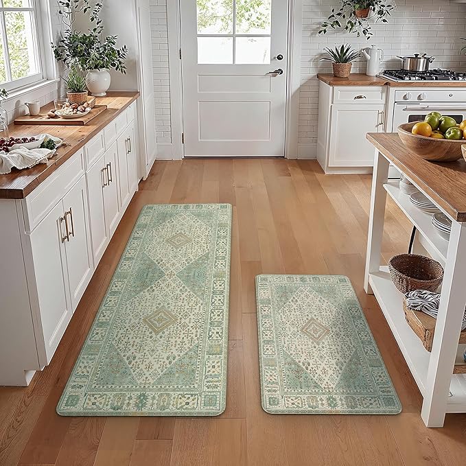 GENIMO Kitchen Mats for Floor 2PCs, Washable Anti Fatigue Mat for Cushioned, 17.3"x59"+17.3"x30", Waterproof Kitchen Rugs, Non Slip Comfort Standing Mat Rug for Home, Sink, Laundry, Green