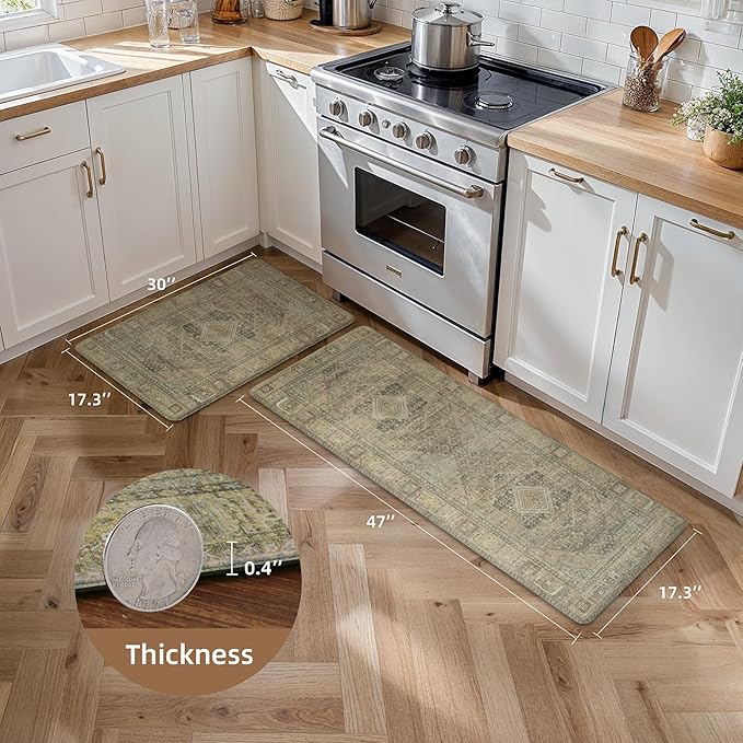 GENIMO Kitchen Mats for Floor 2PCs, Washable Anti Fatigue Mat for Cushioned, 17.3"x47"+17.3"x30", Waterproof Kitchen Rugs, Non Slip Comfort Standing Mat Rug for Home, Sink, Laundry, Tan