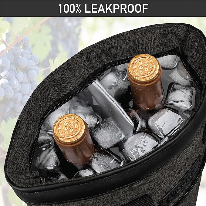 opux Two Bottle Wine Bag Carrier Tote, Insulated Leakproof 2 Bottle Wine Cooler Bag for Travel BYOB Picnic, Portable Wine Case, Gift for Men Women Wine Lover Birthday Party Christmas, Charcoal Gray