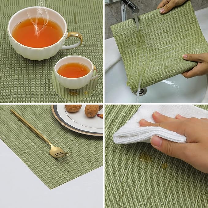 SHACOS Placemats Set of 4 Woven Vinyl Place Mats for Dining Table Wipe Clean Non Slip Table Mats (4, Olive Green)