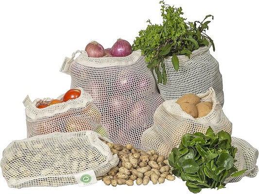Mesh Grocery Bags - Veggie Bags Reusable - Reusable Mesh Fruit, Vegetable Bags - Eco-friendly Produce Bags - Cotton Net Bags for Produce - Reusable Bags for Produce | 6 Bags (3 XL, 3 L)