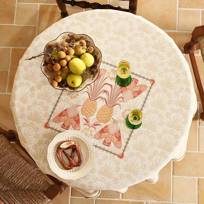 patdrea Designer Orange Tablecloth for Round Tables,Pineapple Tree Pattern Linen Tablecloth,Tropical Style Fruit Table Cover Cloth Decor for Kitchen Dining Christmas,Diameter 67"