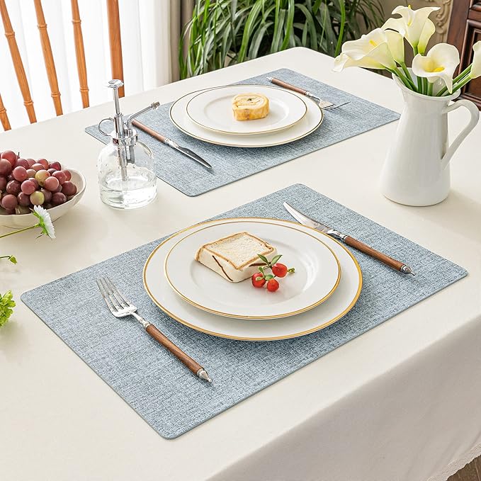 Romanstile Vinyl Placemats Set of 6-12 X 18 Inch - Heat Resistant Place Mats 100% Waterproof Oilproof Wipeable Reversible Faux Leather Table Mats for Kitchen/Dining/Party/Outdoor, Sky Blue