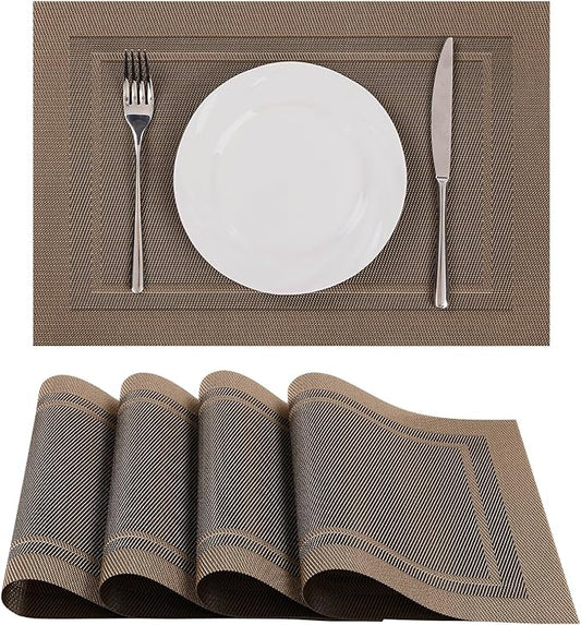 SHACOS Placemats Set of 4 Wipe Clean PVC Place Mats for Dining Table Heat Resistant Woven Vinyl Table Mats Indoor Outdoor (4, Frame Brown)