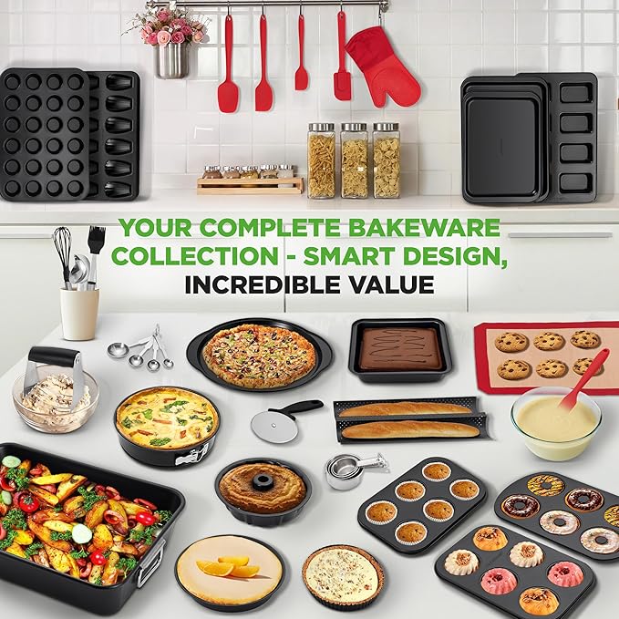 NutriChef 42-Piece Ultimate Nonstick Bakeware Set - Carbon Steel Baking Pans, Everyday Baking Tools, Oven Mitts, & More - Ideal for Baking Delicious Savory & Sweet Treats - Complete Set for Bakers