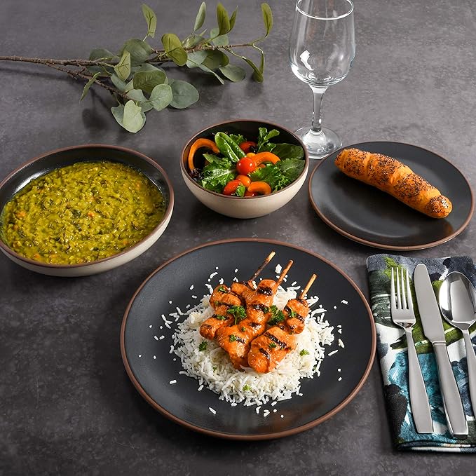 Gibson Elite Contempo Classic Double Bowl Dinnerware Set, Service for 4 (16pcs), Black