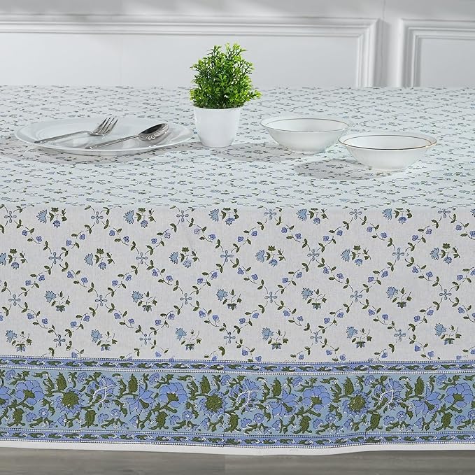 Ridhi Powder Blue Hand Block Print Cotton Rectangle Tablecloth 190 x 72 inches Reusable Table Cover Decorative Everyday Use for Dining Room, Farmhouse, Home, Party, Festive & Wedding, Fall