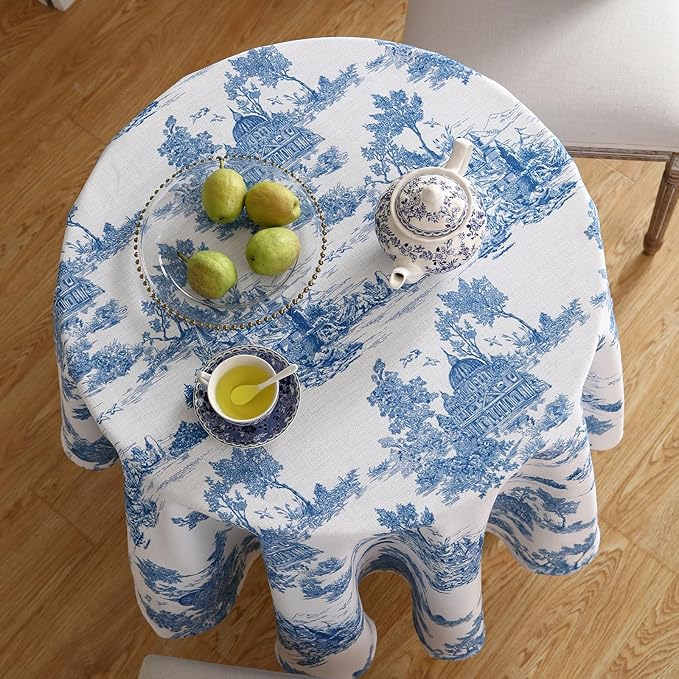 patdrea Designer Cyan Tablecloth for Round Tables,Vintage Linen with Ancient Castle and Manor Pattern Tablecloths,Elegant Table Cover Cloth Decor for Kitchen Dining Christmas,55"*55"