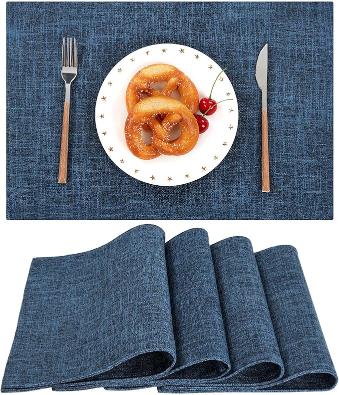 SHACOS Cloth Fabric Placemats Set of 4 Washable Non Slip Heat Resistant Table Mats Double Layer Reversible Place Mats Stain Resistant Indoor Outdoor, Dark Blue