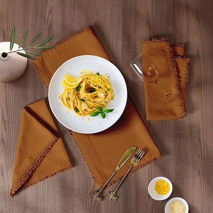 Bedding Craft Cotton Cloth Dinner Napkins Set of 12 – 18x18 Desert Sun with Decorative Lace Selvedge – Durable Machine Washable Fabric Napkins for Weddings, Baby Showers, Parties & Dining