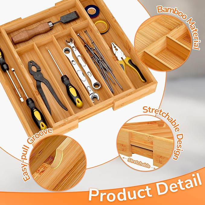 BAMEOS Bamboo Expandable Drawer Organizer, 5-7 Slots Kitchen Drawer Organizer, Adjustable Cutlery Tray for Utensils, Silverware & Flatware (Natural)