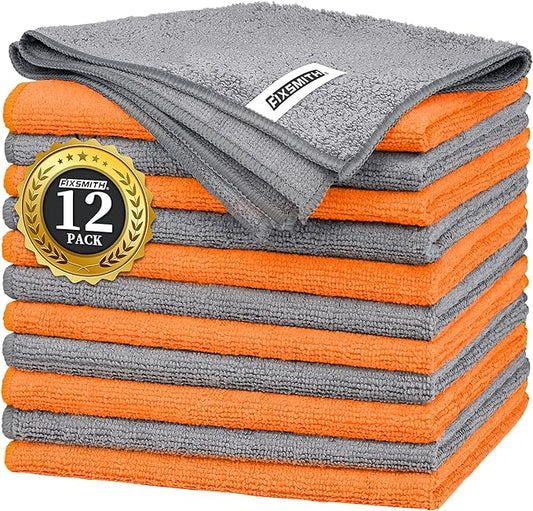 FIXSMITH Microfiber Cleaning Cloth -Pack of 12, Highly Absorbent Cleaning Rags(Grey&Orange), 16"X12" All Purpose Cleaning Towels for Housekeeping, Kitchen, Car, Reusable Microfiber Towels