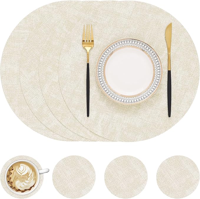 homing Round Faux Leather Placemat and Coaster 4 Packs, Washable Heat Resistant Dining Place Mats, Wipeable Double-Sided Table Mats for Indoor and Outdoor, Diameter 13 and 3.93 inch, Beige