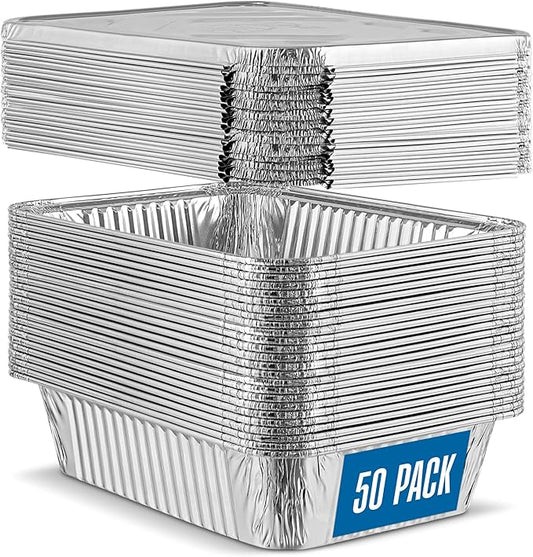 PLASTICPRO 50 Pack Aluminum Pans 6.5'' X 9" Disposable Pans with Covers Heavy Duty 2.25 lb Foil Pans for Baking and Cooking