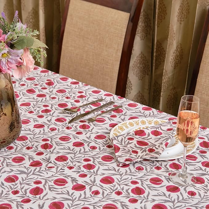 Ridhi -Sangria Red, Cotton Tablecloth, Handblock Print Floral Table Cloth for Kitchen Dining Linen I Thanksgiving, Christmas, Wedding, Fall Décor 16 Seater 72X190 Inches Rectangle