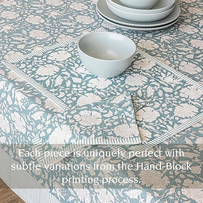 over&back Hand-Screened Tablecloth - Dining Table Cover - Each Tablecloth is Unique - 100% Cotton - Machine Washable - Kitchen and Home Decor - Blue Floral - 70x108