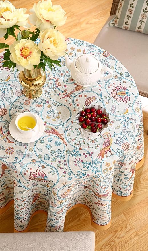 patdrea Designer Yellow French Spring Summer Tablecloth,Rustic Linen Floral Birds Table Cloth for Round Tables,Decor Table Cover for Kitchen Dining Holiday Banquet,Christmas,Diameter 55"