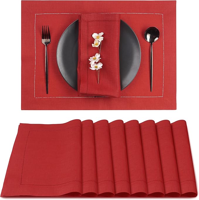 D'Moksha Homes Linen Placemats Set of 4 - Classic Hemstitch Bright Red Placemats 14 x 19 Inch - 100% Pure Linen Table Mats for Fall, Autumn and Halloween - Handcrafted and Machine Washable